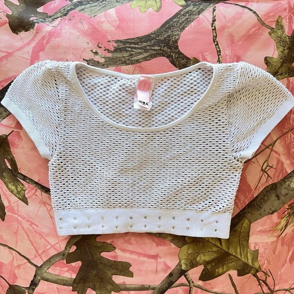 y2k mcbling white fishnet rhinestone crop top